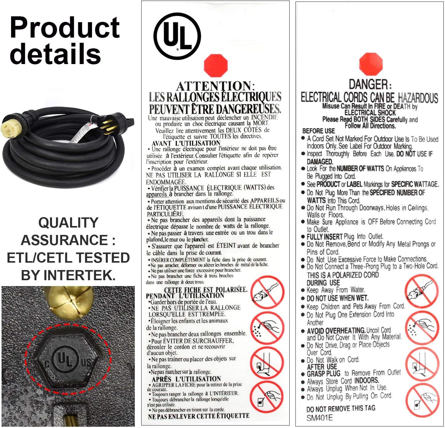 50 Amp Generator Power Cord 30FT STW 6/3 + 8/1 AWG Heavy Duty RV Power Adapter Cable Z583570