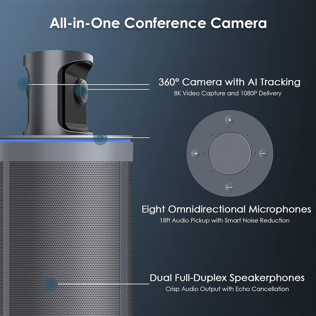8K 360-Degree Video Conference Camera with 8 Noise-Cancelling Microphones and Speaker P2421