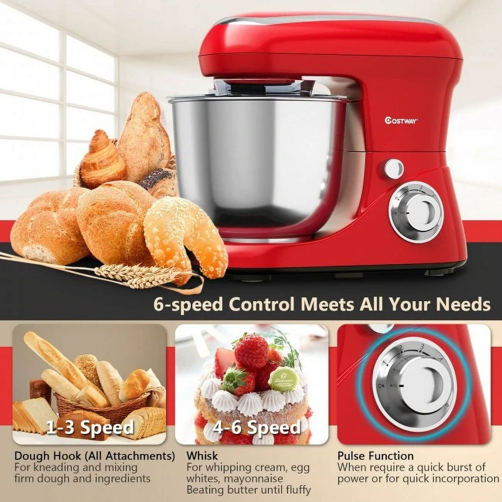 Red 5.3 Qt 500W 6 Speed Stand Mixer with Dough Hook Beater V9645