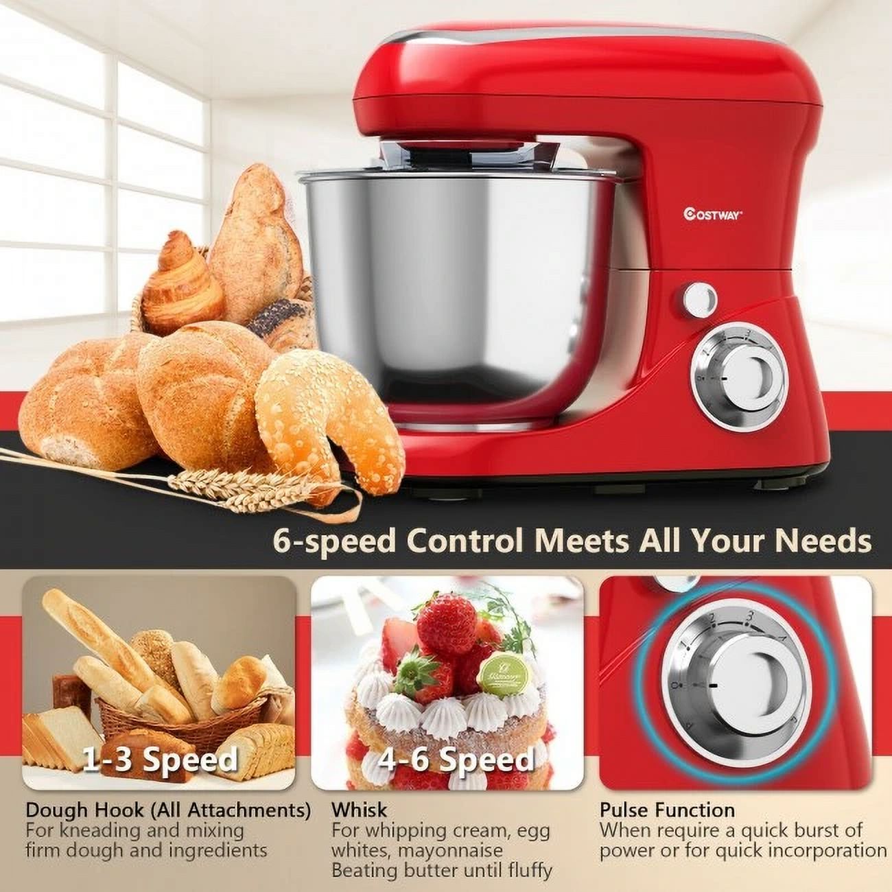 Red 5.3 Qt 500W 6 Speed Stand Mixer with Dough Hook Beater V9645