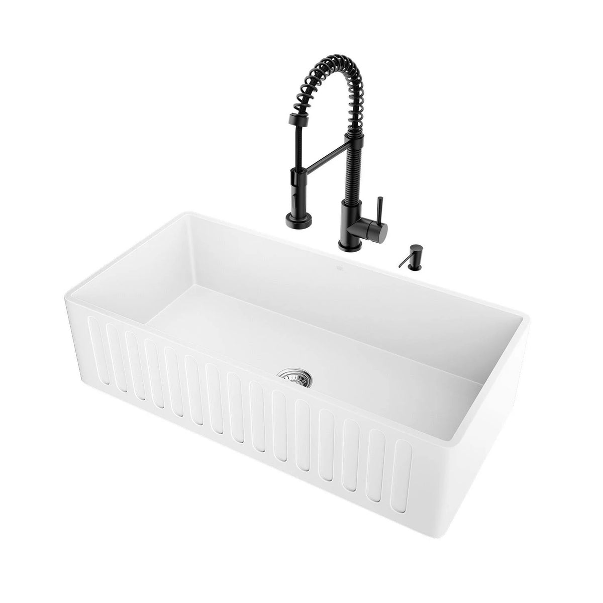 Matte Stone Farmhouse Kitchen Sink Set with Edison Faucet in Matte Black S341