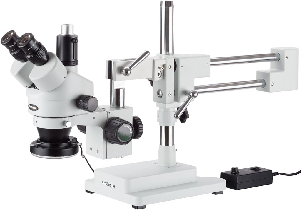 7X-45X Simul-Focal Stereo Zoom Microscope on Dual Arm Boom Stand with 144-LED Ring Light L6332