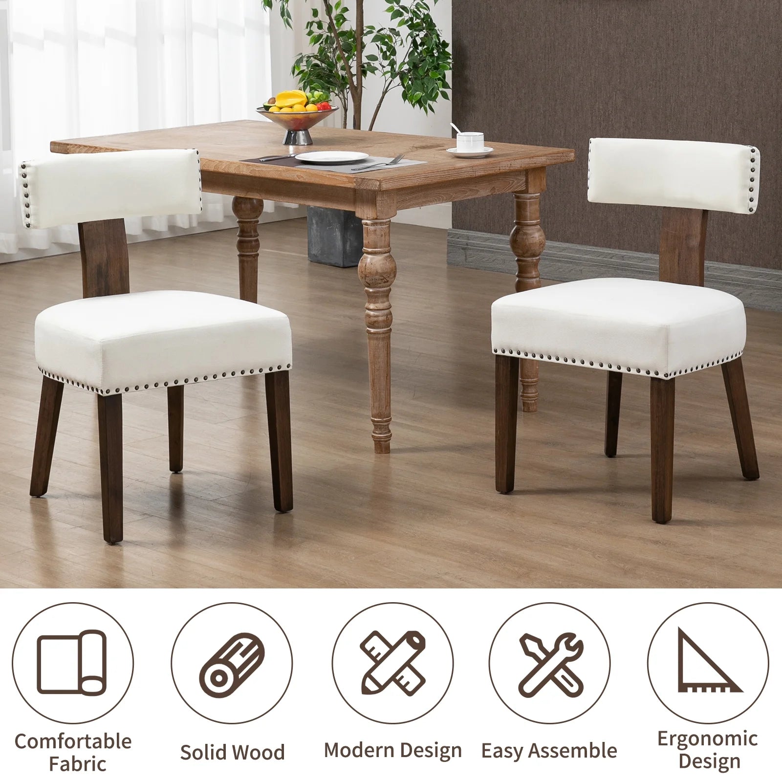 Beige Upholstered Linen Dining Chairs Set of 6 with Wooden Legs G246