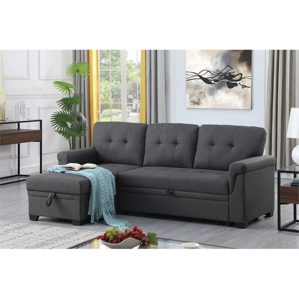 Gray Linen Fabric Reversible Sleeper Sofa with Chaise D89193