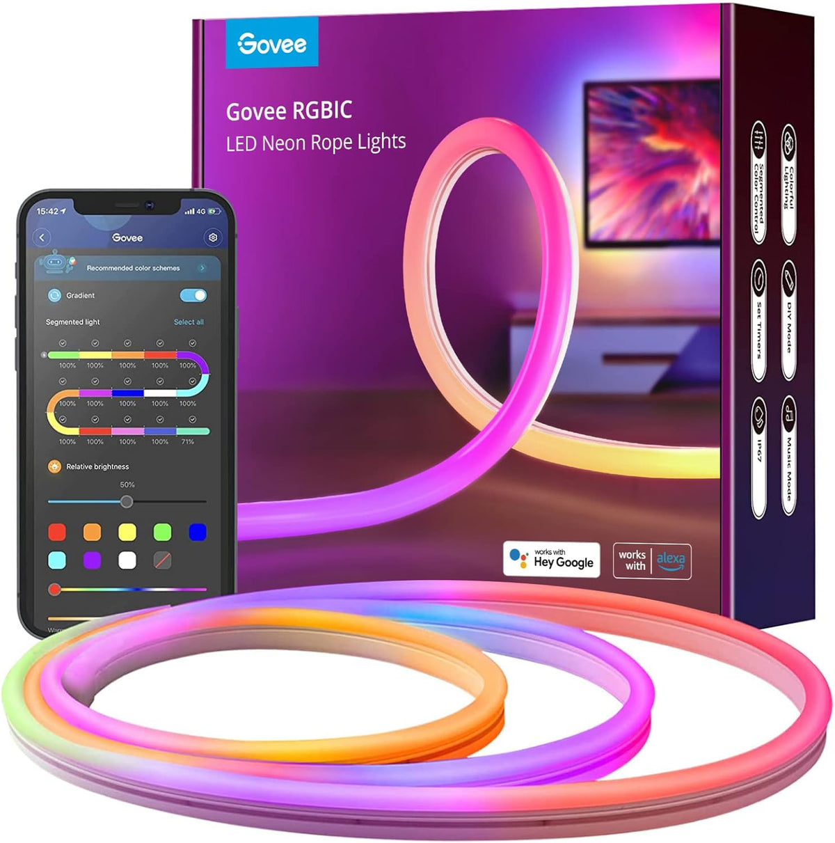10ft RGBIC LED Neon Rope Light, Pack of 2 B895794