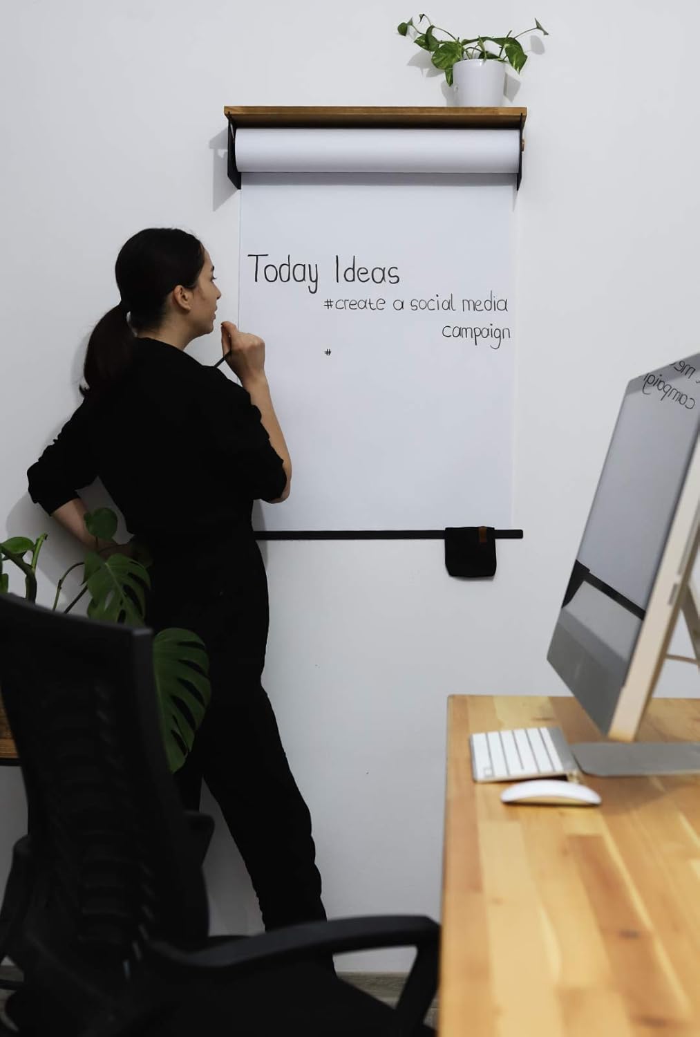 Wall Mounted Kraft Paper Dispenser and Cutter with Paper Roll, Wood Shelf, Magnetic Pencil Holder Y347