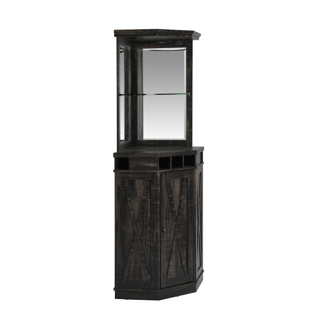 Corner Bar Unit with Two Glass Shelves, Built-in Wine Rack and Lower Cabinet, Charcoal R95449
