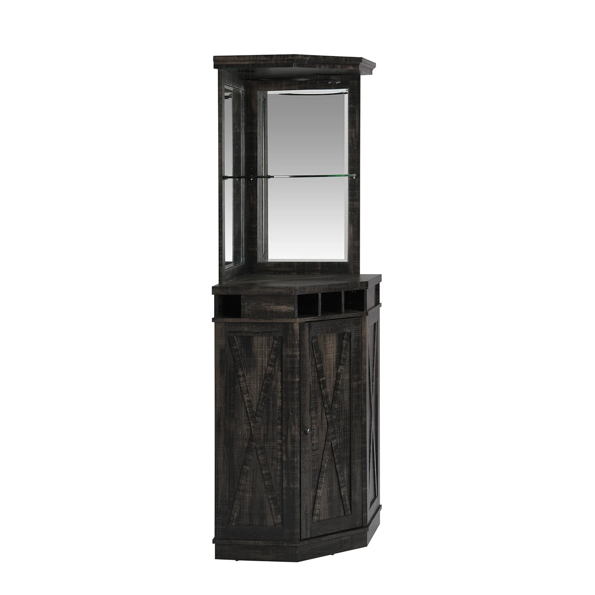 Corner Bar Unit with Two Glass Shelves, Built-in Wine Rack and Lower Cabinet, Charcoal R95449