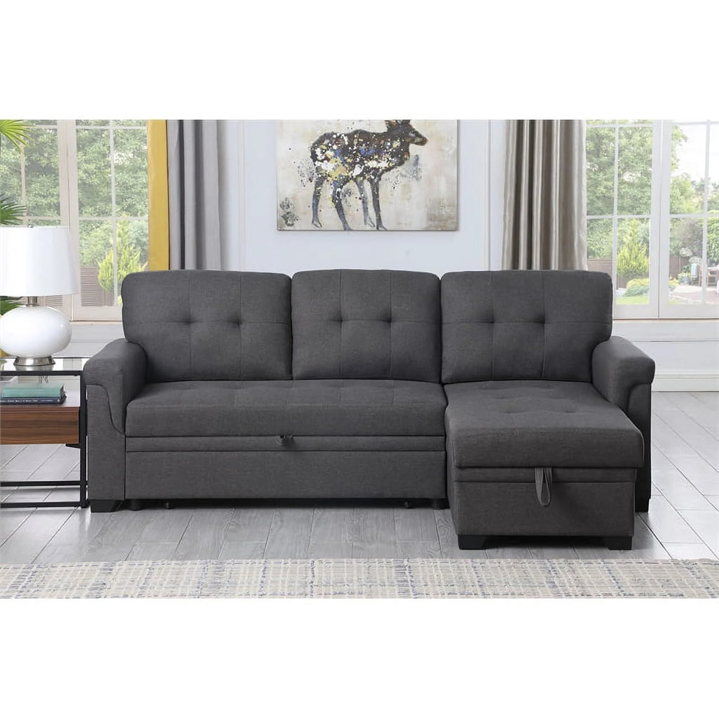 Gray Linen Fabric Reversible Sleeper Sofa with Chaise D89193