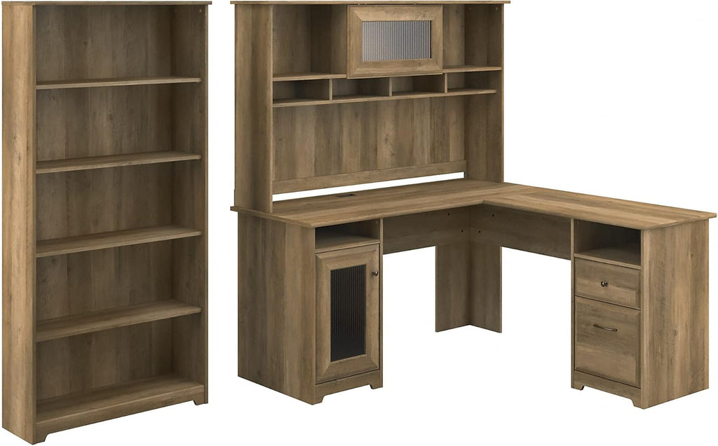 Espresso Oak L Shaped Desk with Hutch and 5 Shelf Bookcase C876