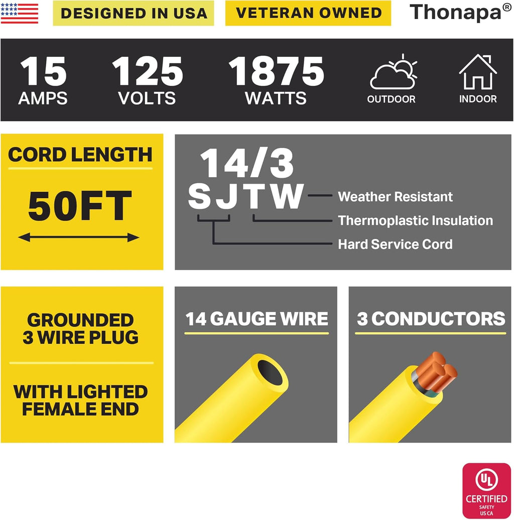 14/3 Heavy Duty Lighted Outdoor Extension Cord Yellow 3 Prong Grounded Plug 100 Ft SJTW Z7820