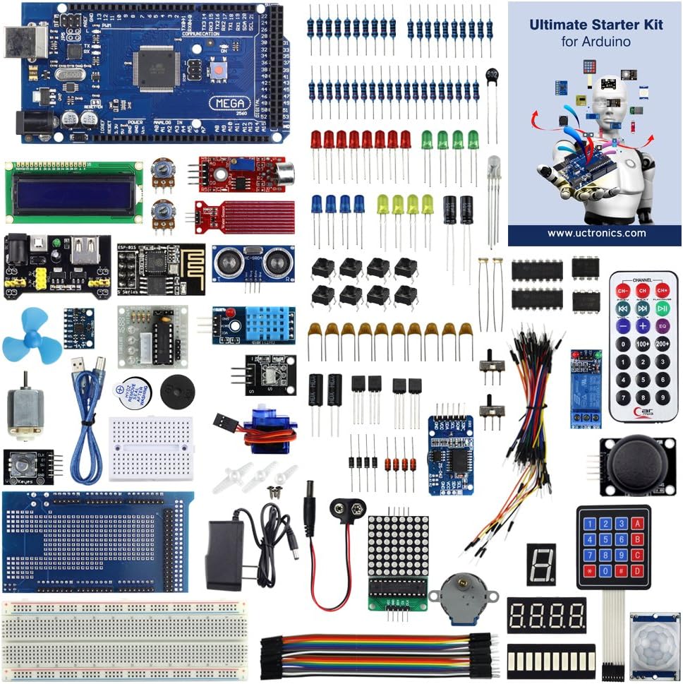 Ultimate Starter Kit for Arduino with Instruction Booklet, MEGA 2560 R3, ESP8266 Module, 1602 LCD, NE555 Timer, RTC Module, DHT11 Sensor, Water Level Sensor, Sound Sensor Module Pack of 2 P92422