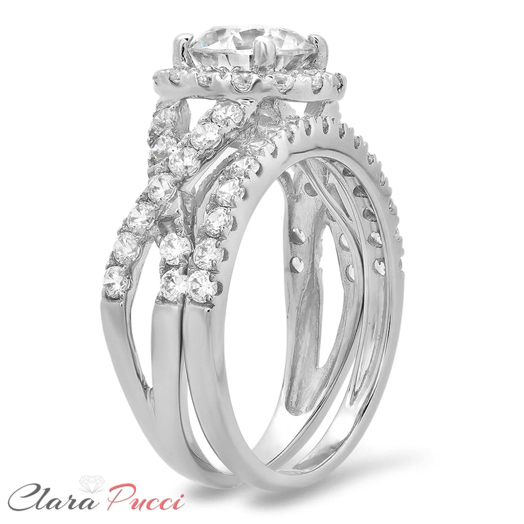 18K White Gold Halo Engagement Ring with Crystal Side Stones U393