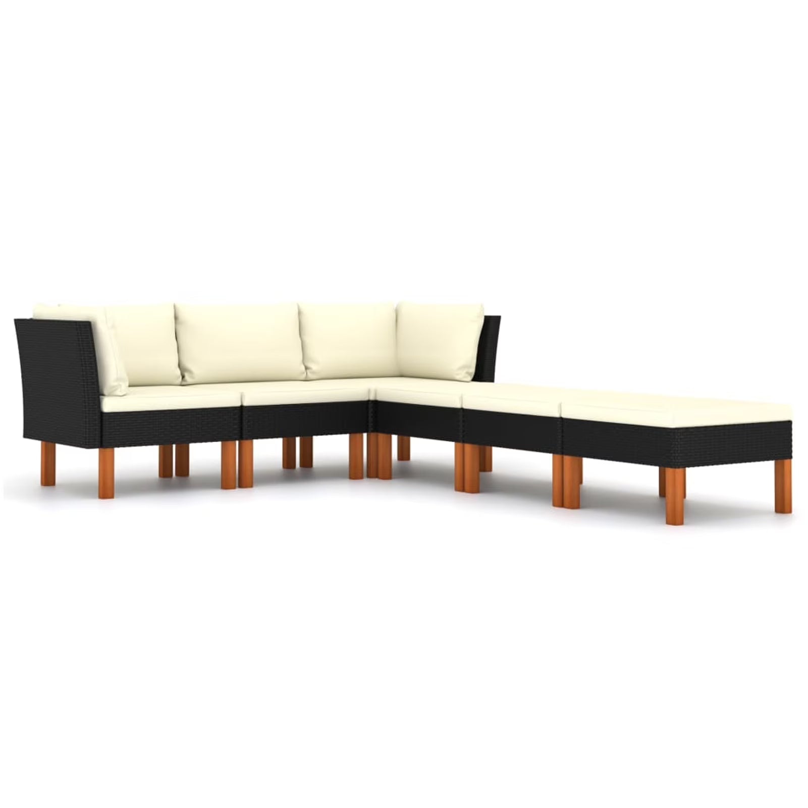 6 Piece Black Poly Rattan Wood Legs Sectional Outdoor Furniture Set T247