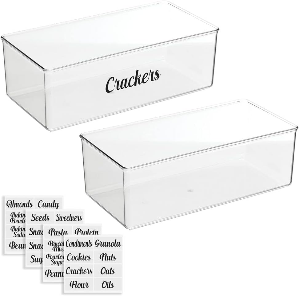 Deep Plastic Kitchen Storage Organizer Container Bin with 32 Pantry Identification Labels & Handles, 12 Long, Set of 2 Bins, Clear U650