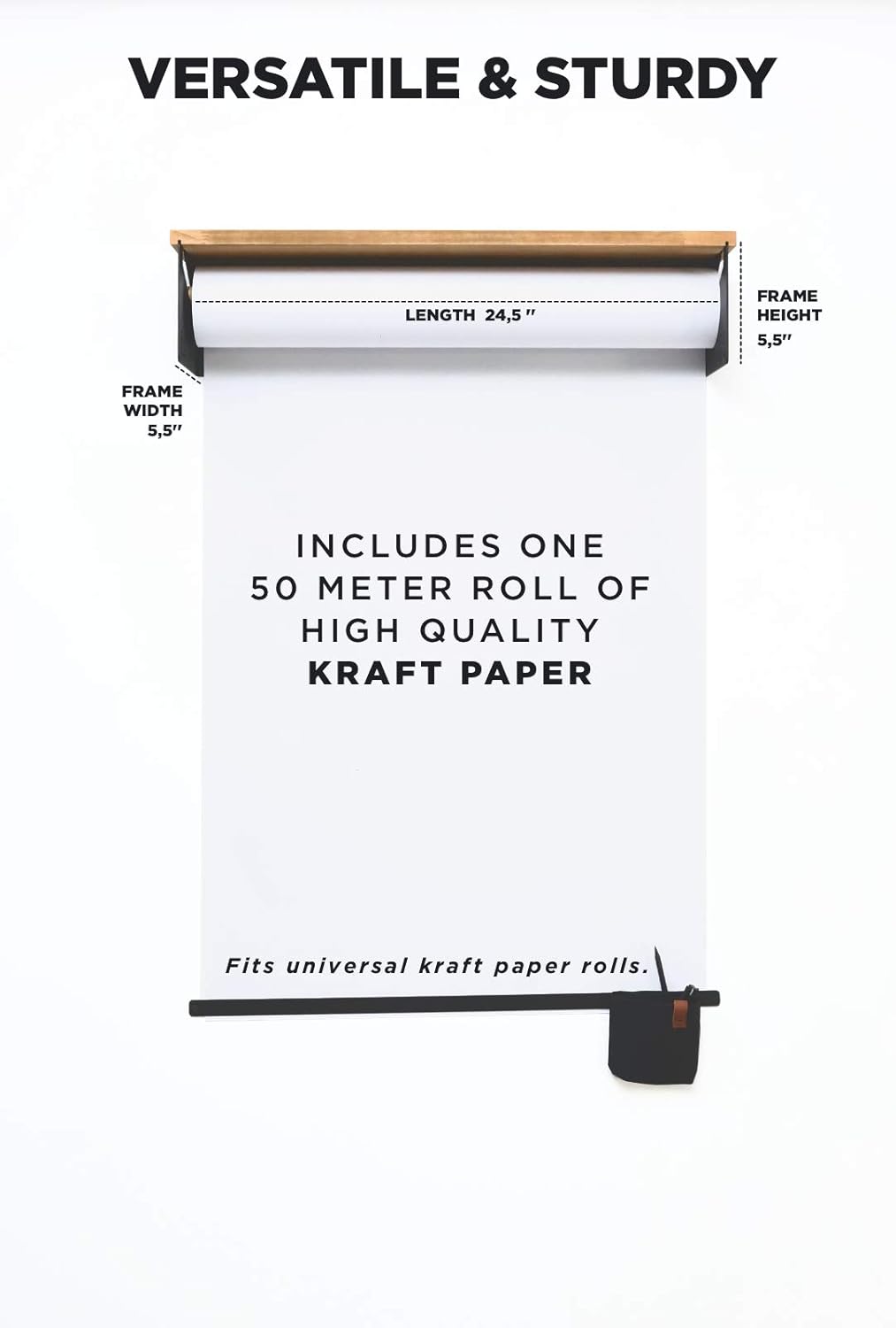 Wall Mounted Kraft Paper Dispenser and Cutter with Paper Roll, Wood Shelf, Magnetic Pencil Holder Y347