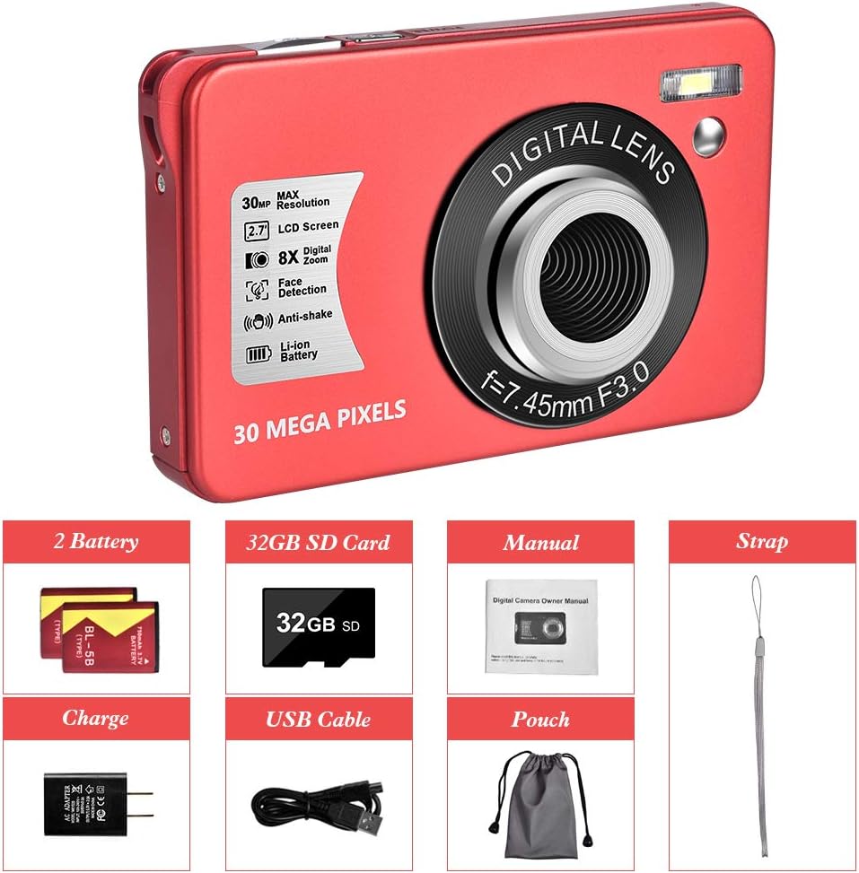 30 MP Digital Camera with 8X Digital Zoom Compact Camera with 32GB SD Card and 2 Batteries J7561