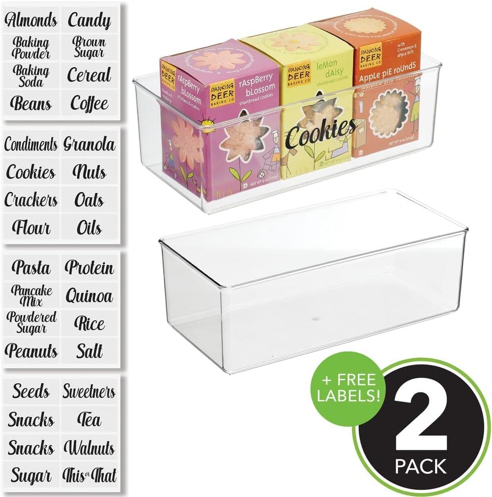 Deep Plastic Kitchen Storage Organizer Container Bin with 32 Pantry Identification Labels & Handles, 12 Long, Set of 2 Bins, Clear U650
