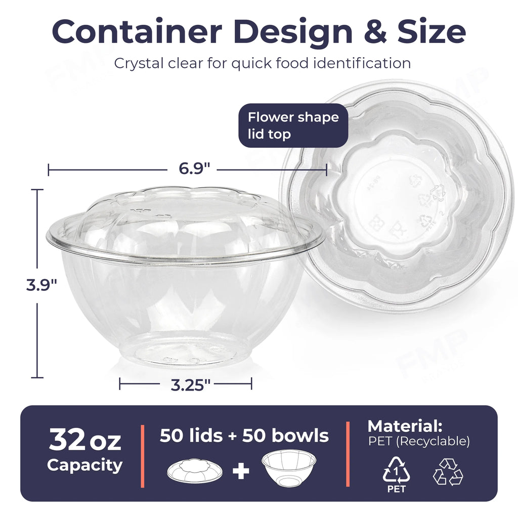 50 Pack 32 oz Clear Plastic Salad Bowls with Airtight Lids W2517
