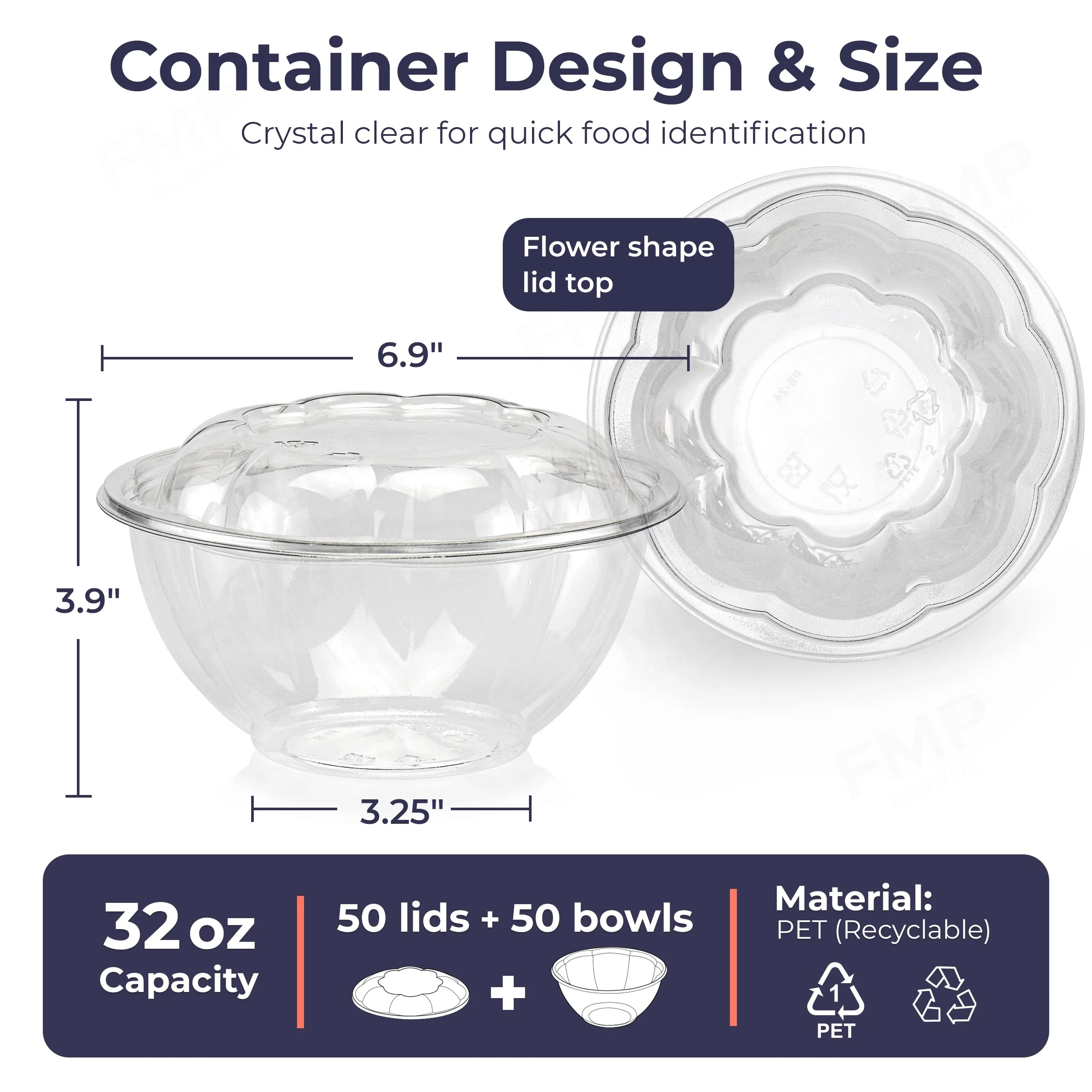 50 Pack 32 oz Clear Plastic Salad Bowls with Airtight Lids W2517