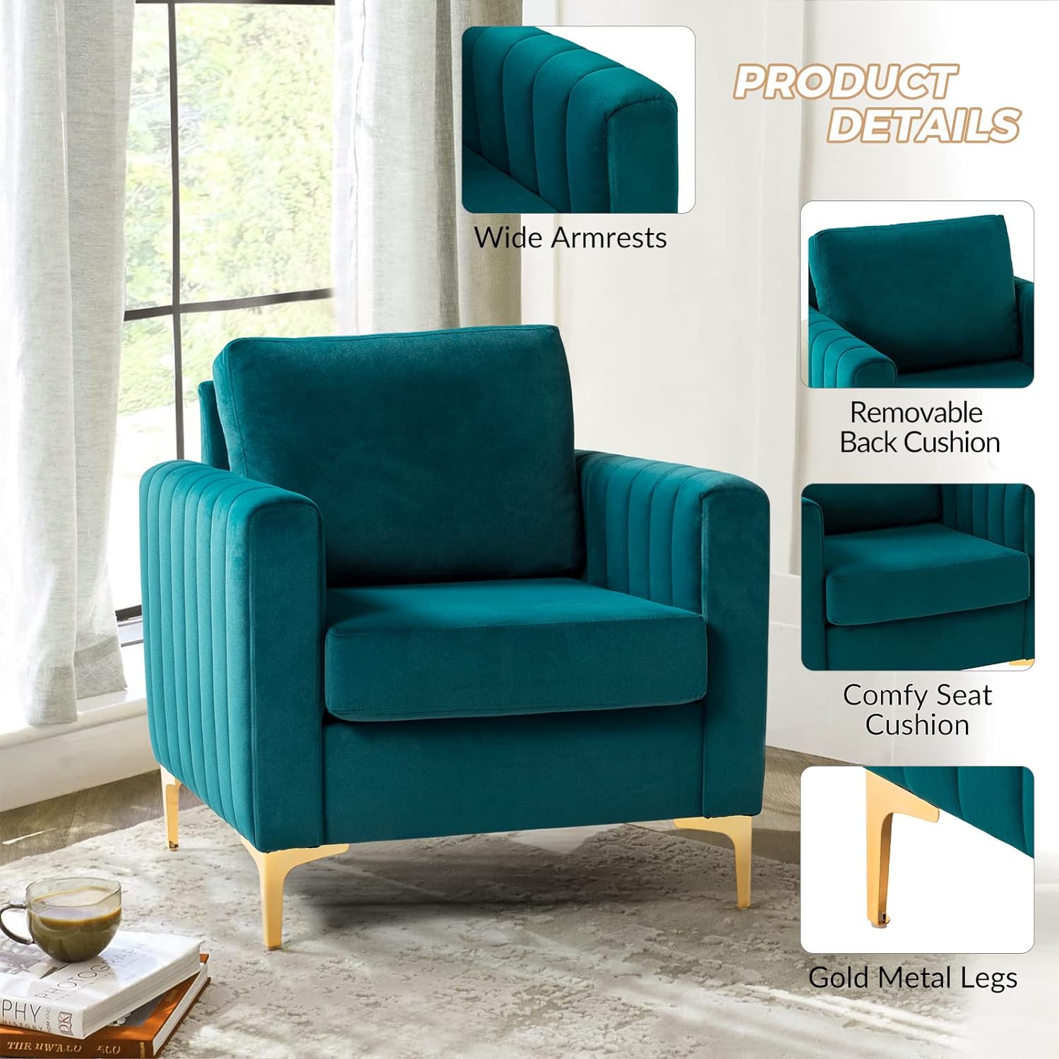 Teal Velvet Club Chairs Set Of 2 with Metal Legs F622008