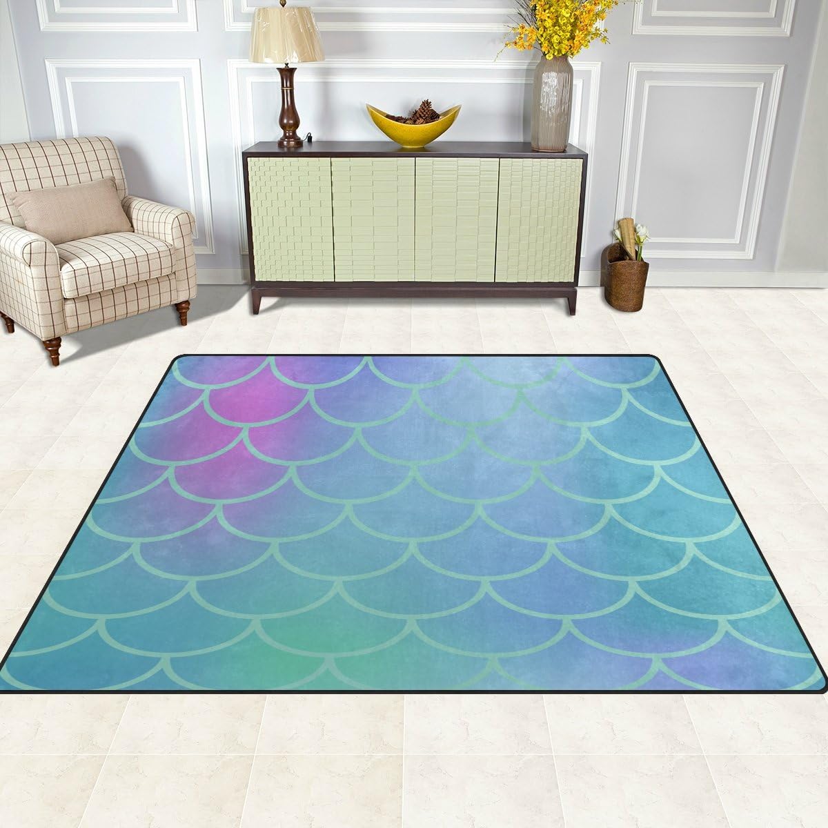 Gradient Blue Fish Scale Lightweight Carpet Mats Area Rug S9441