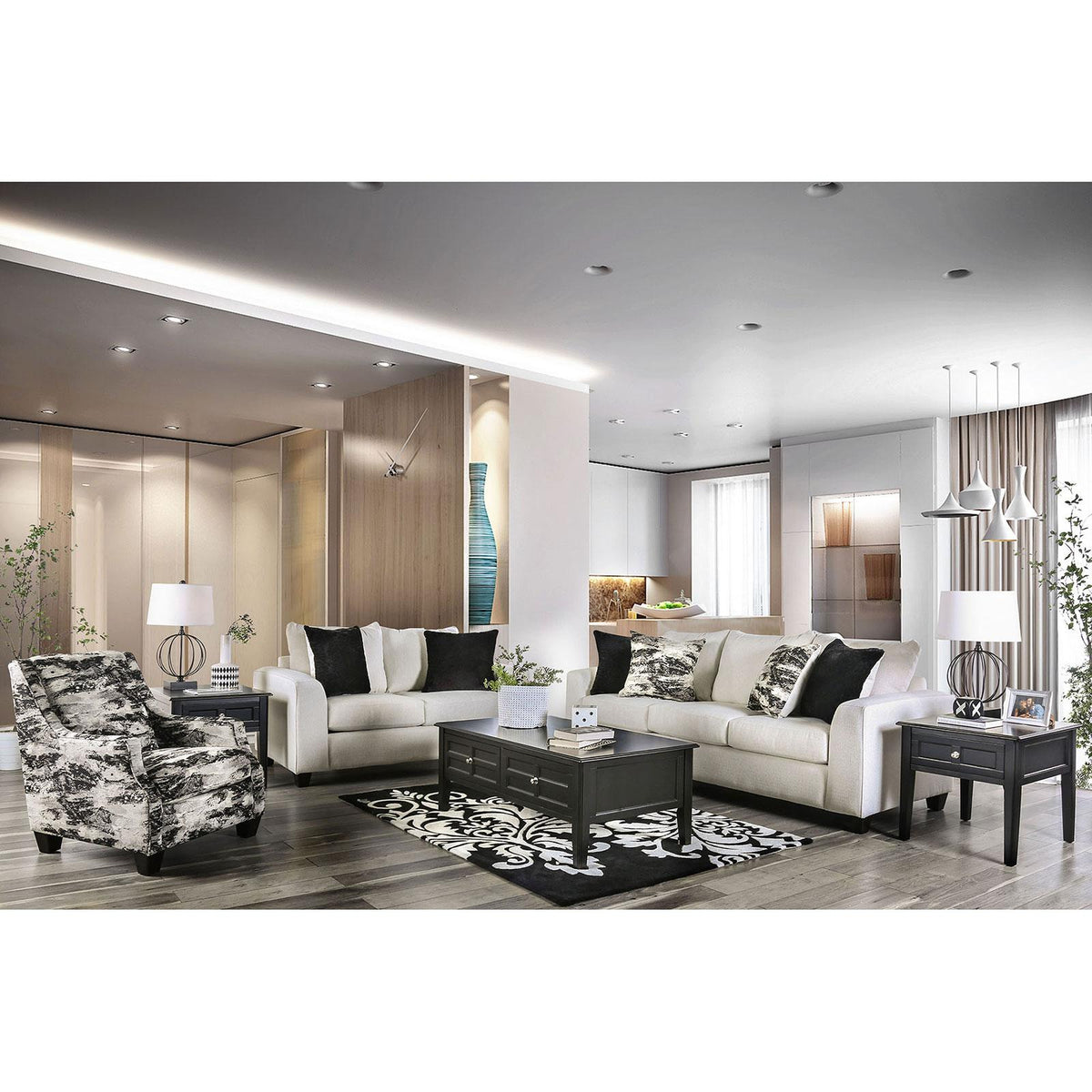 Ivory & Gray Linen-like Fabric Living Room Set 3pcs Y9099