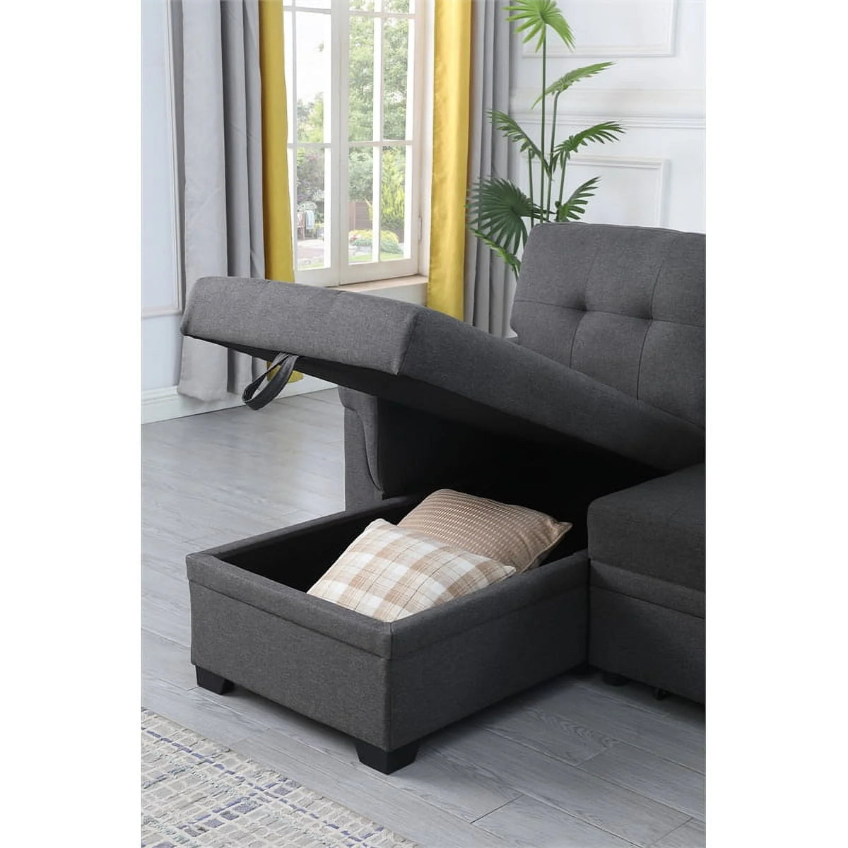 Gray Linen Fabric Reversible Sleeper Sofa with Chaise D89193