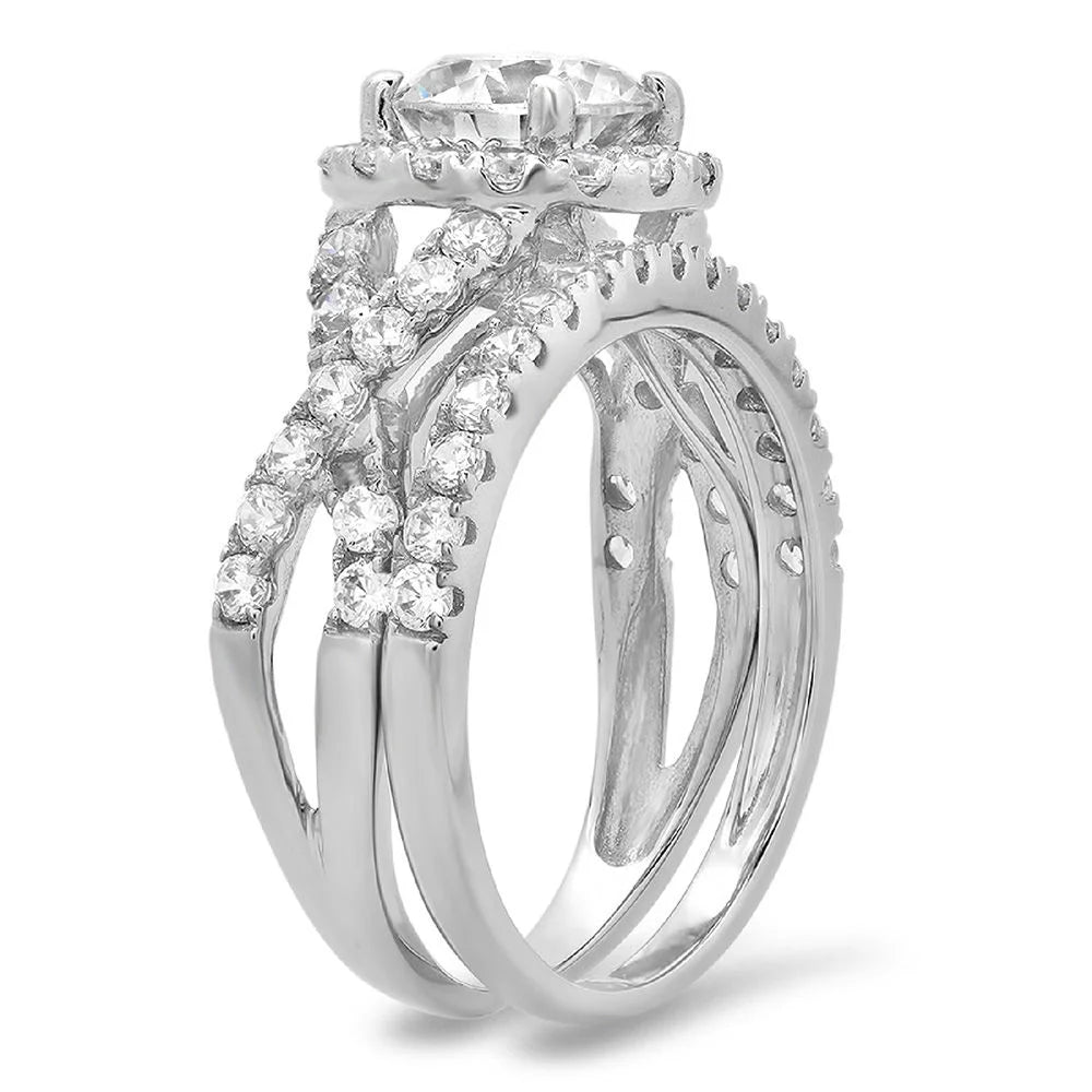 18K White Gold Halo Engagement Ring with Crystal Side Stones U393