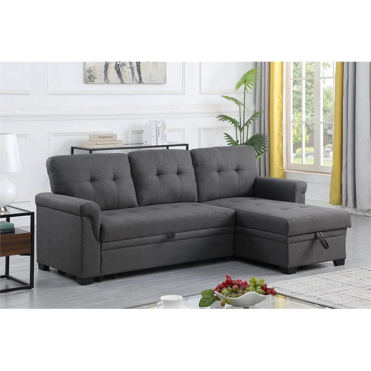 Gray Linen Fabric Reversible Sleeper Sofa with Chaise D89193