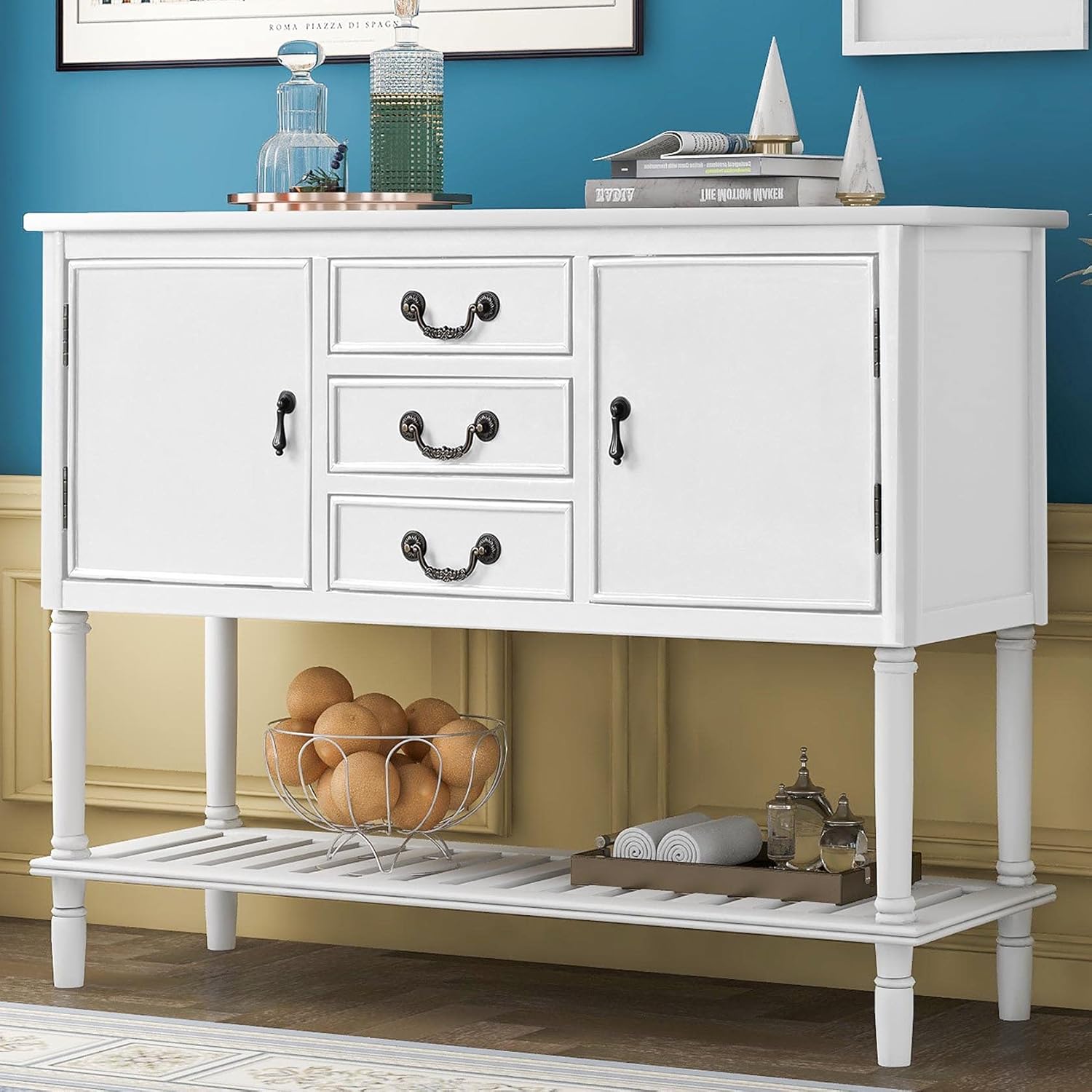 Navy Blue Wood Console Sofa Table with Drawers and Open Shelf N11520