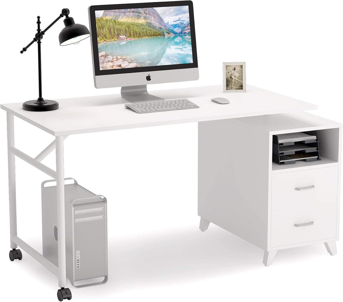 Reversible Computer Desk with Drawers, 47 inch Writing Table Workstation with Storage Cabinet K5524