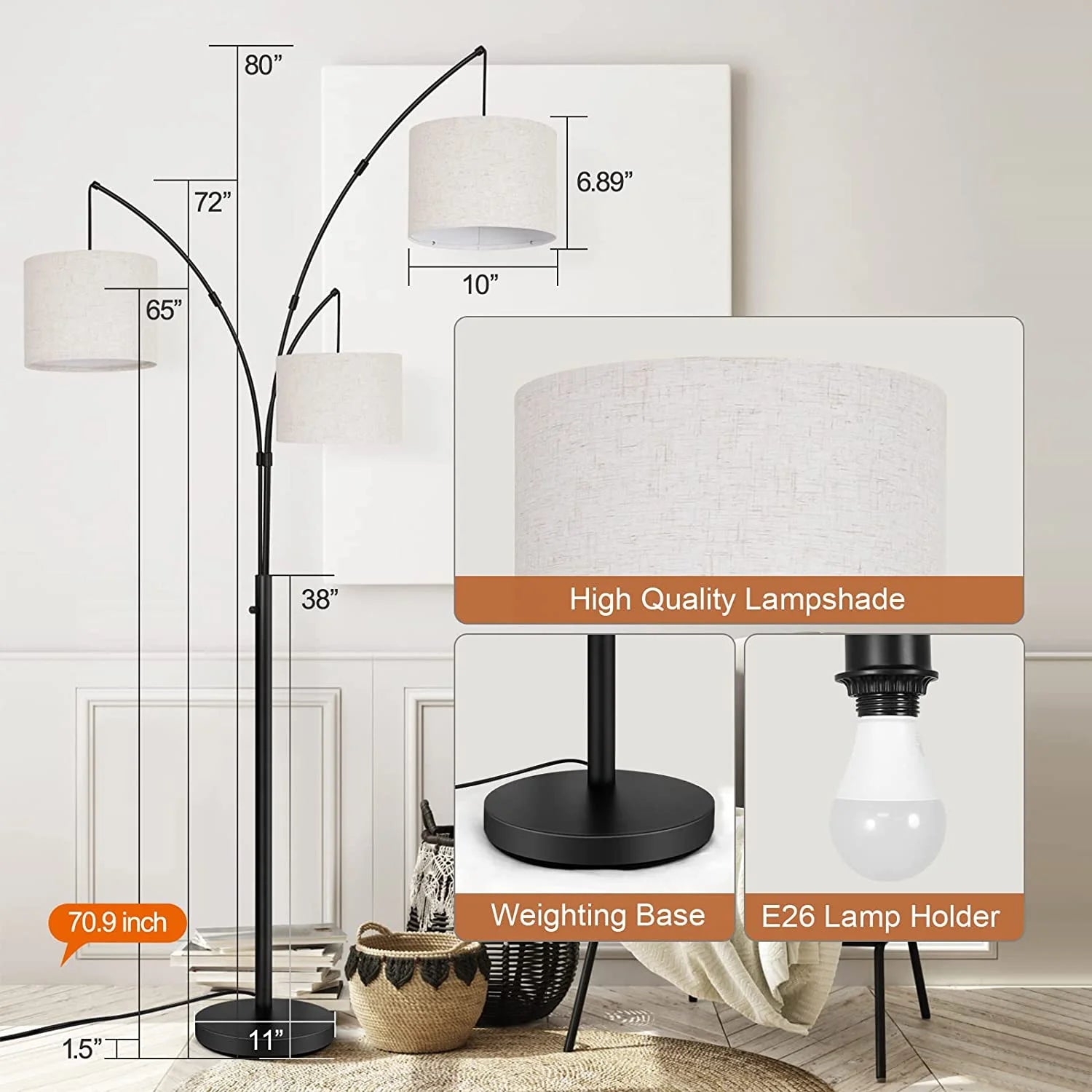 Black Arc Floor Lamp with Linen Lamp Shade L426804