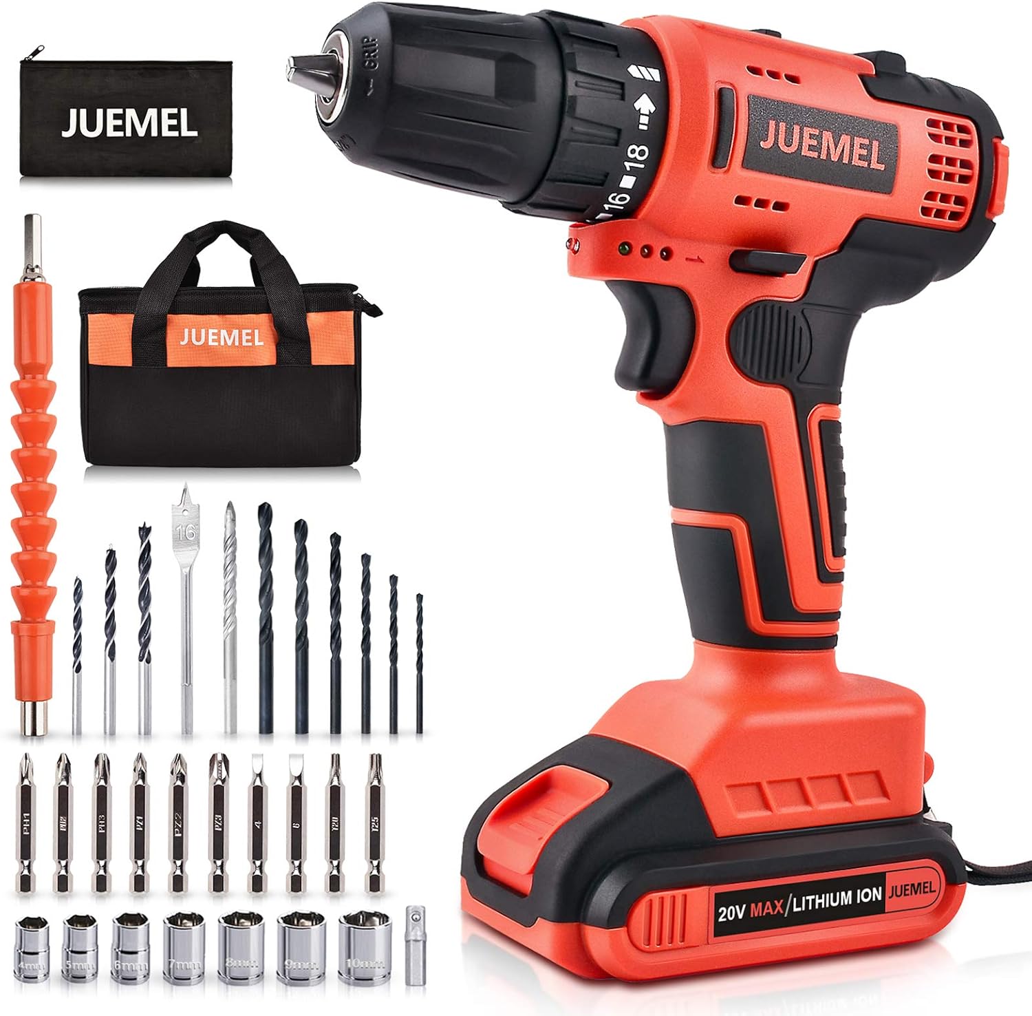 20V MAX Cordless Drill Set with 2 Batteries & Charger, 3/8 inches Keyless Chuck, 30pcs Accessories H89208