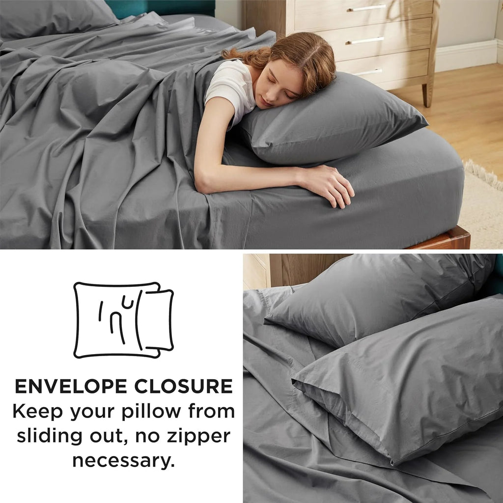 Grey Queen Size 100% Cotton Percale Sheet Set, 4 Pieces M208
