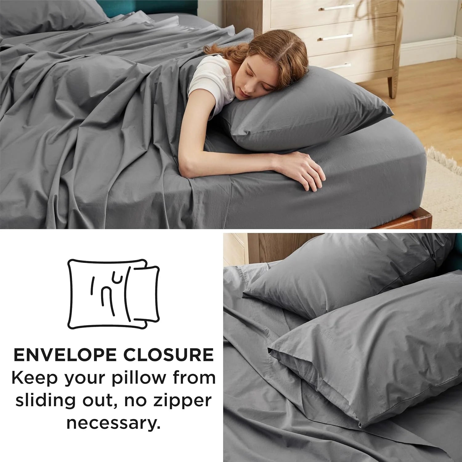 Grey Queen Size 100% Cotton Percale Sheet Set, 4 Pieces M208