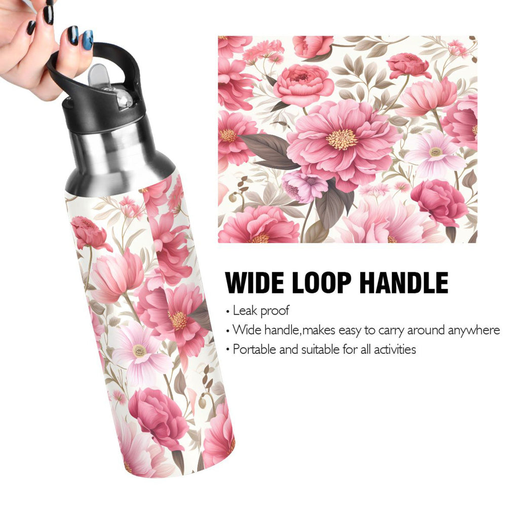 Pink Flowers Floral Print Stainless Steel Insulated Water Bottle with Straw Lid P395876