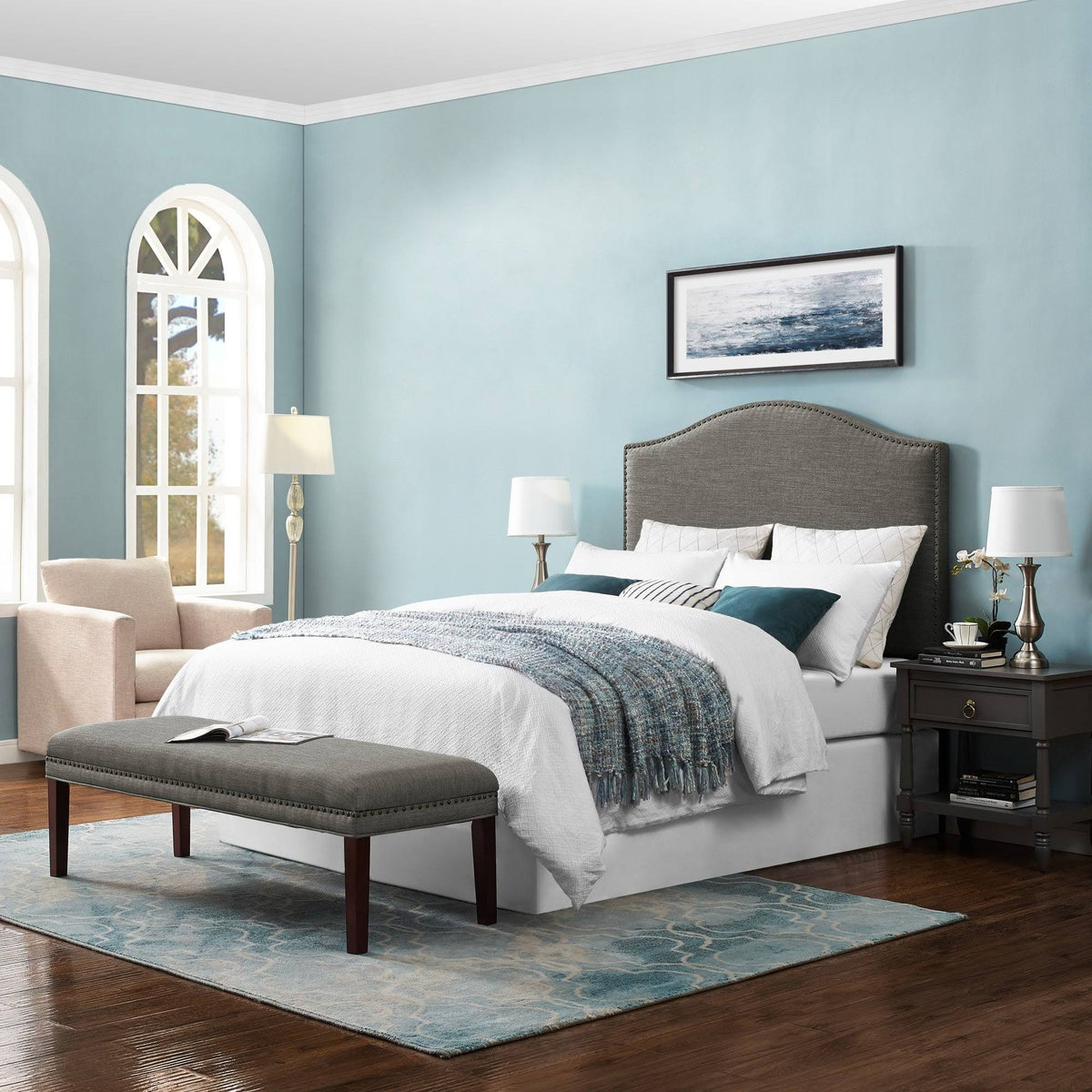 Gray Upholstered Camelback Full Queen Panel Headboard W902546
