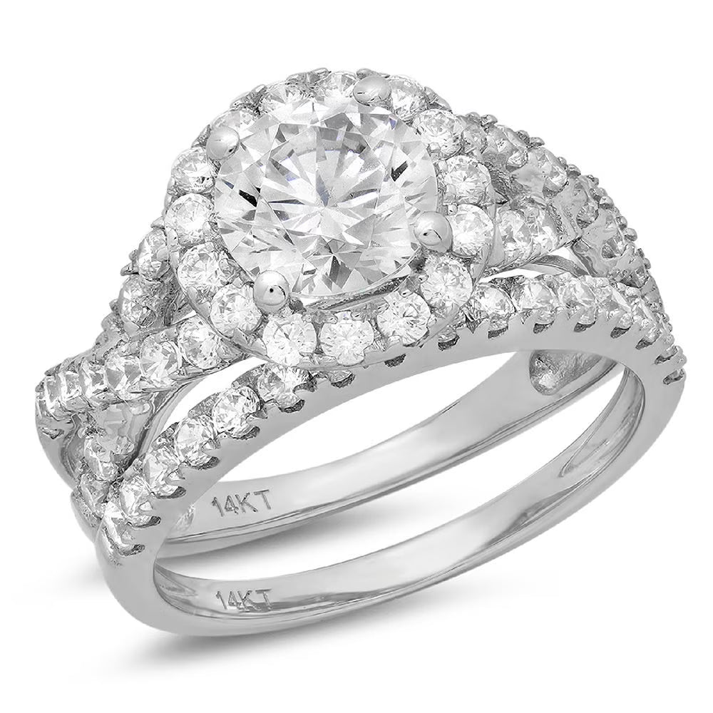 18K White Gold Halo Engagement Ring with Crystal Side Stones U393