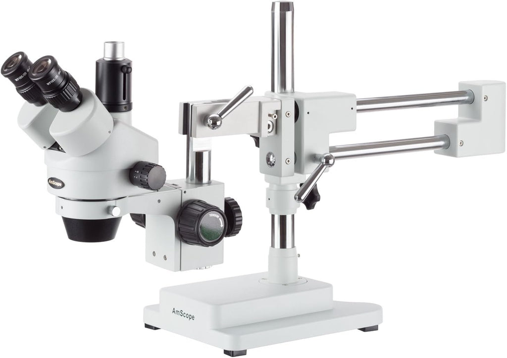 7X-45X Simul-Focal Stereo Zoom Microscope on Dual Arm Boom Stand with 144-LED Ring Light L6332