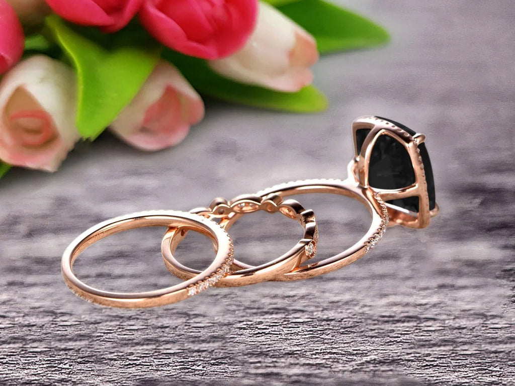 3 Carat Cushion Cut Black Diamond Moissanite Trio Set Ring On 10k Rose Gold W463