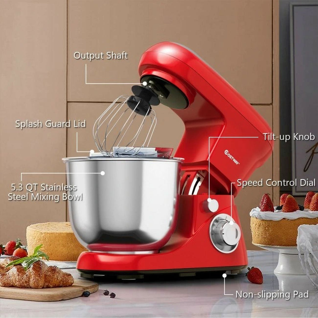 Red 5.3 Qt 500W 6 Speed Stand Mixer with Dough Hook Beater V9645