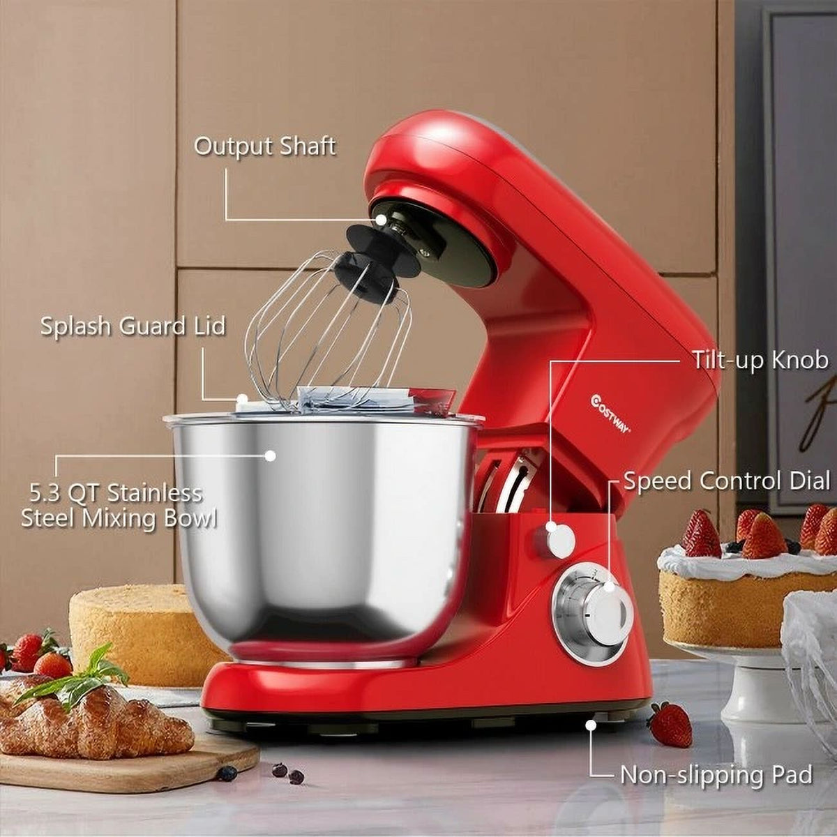 Red 5.3 Qt 500W 6 Speed Stand Mixer with Dough Hook Beater V9645