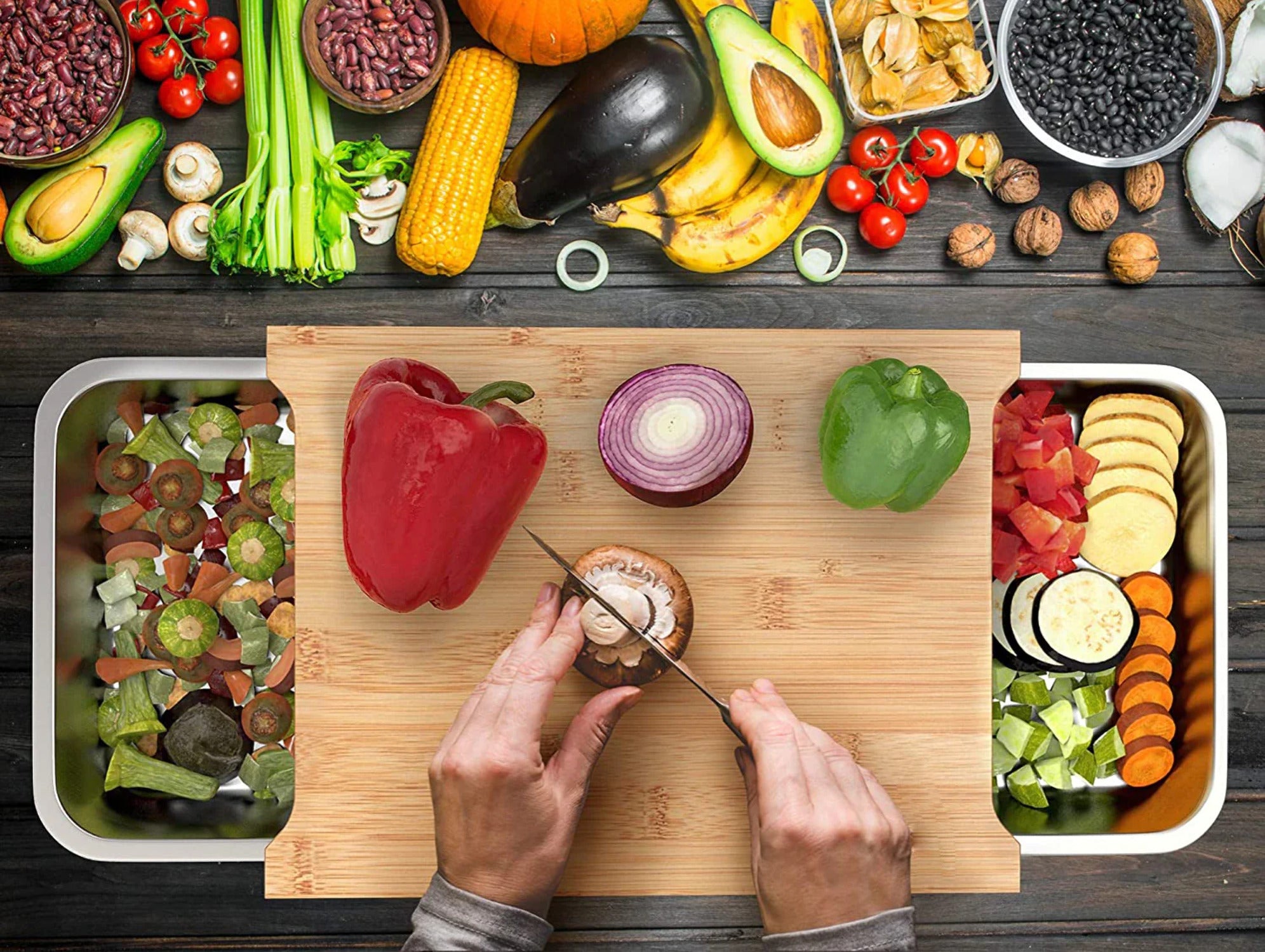 Bamboo Cutting Board with 2 Stainless Steel Trays I384