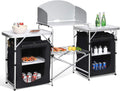 Folding Camping Kitchen Table with 2 Storage Organizer, Portable Aluminum Windscreen Cooking Table, 2-Tier Outdoor Kitchen Cook Station (Black) E4222