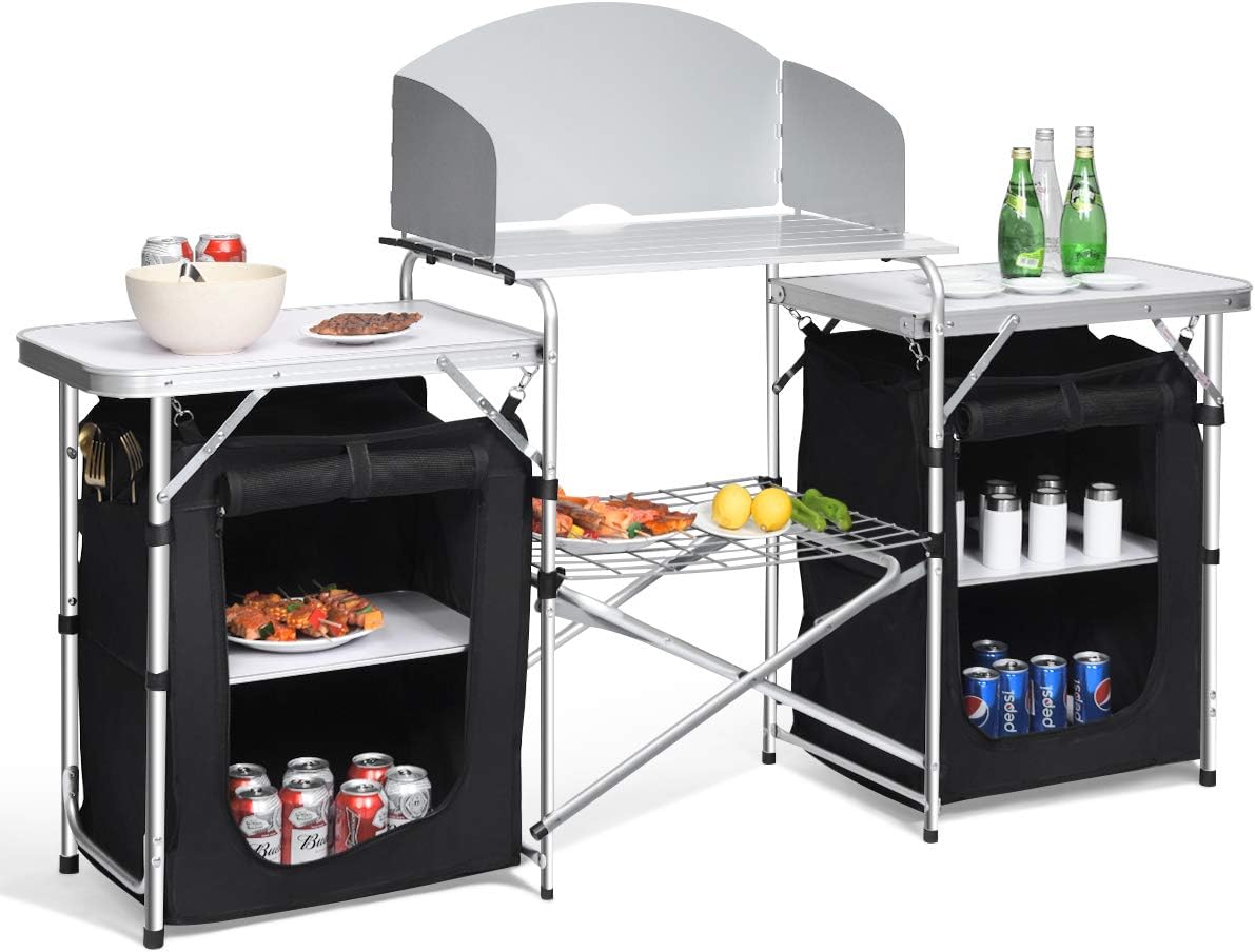 Folding Camping Kitchen Table with 2 Storage Organizer, Portable Aluminum Windscreen Cooking Table, 2-Tier Outdoor Kitchen Cook Station (Black) E4222