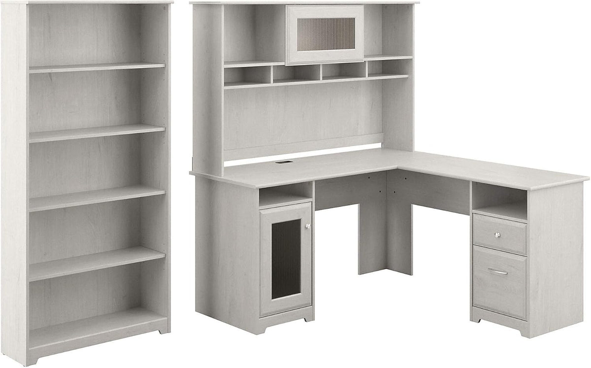 Espresso Oak L Shaped Desk with Hutch and 5 Shelf Bookcase C876