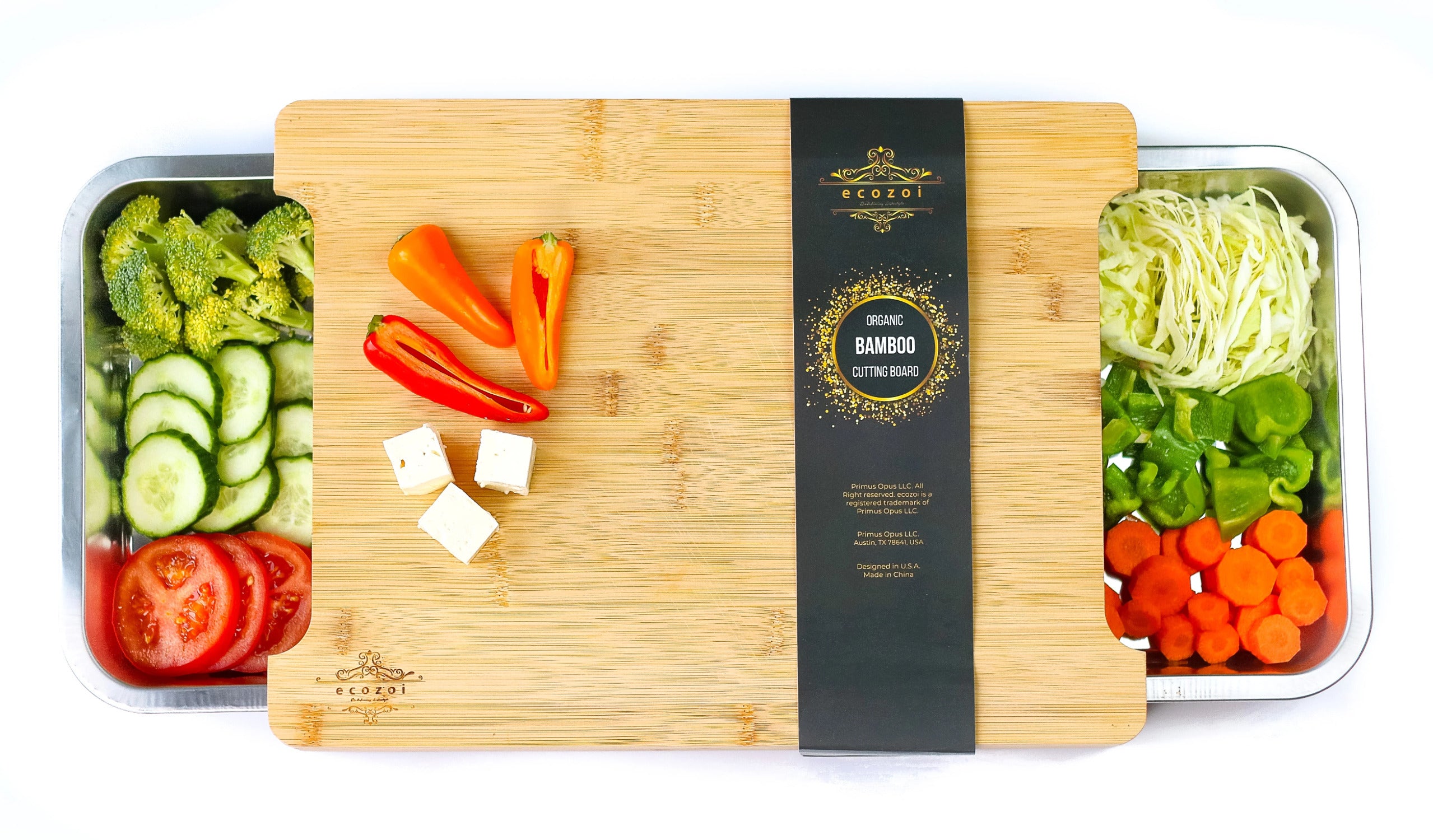 Bamboo Cutting Board with 2 Stainless Steel Trays I384