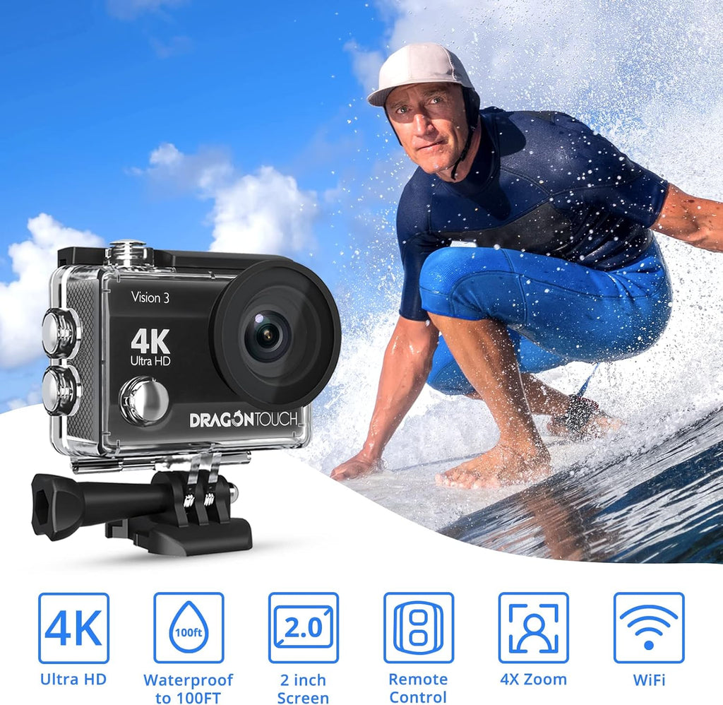4K Action Camera 16MP Ultra HD Waterproof 170° Wide Angle 4X Zoom Sports Camcorder with Remote Control 2 Batteries Helmet Accessories Pack of 2 N546