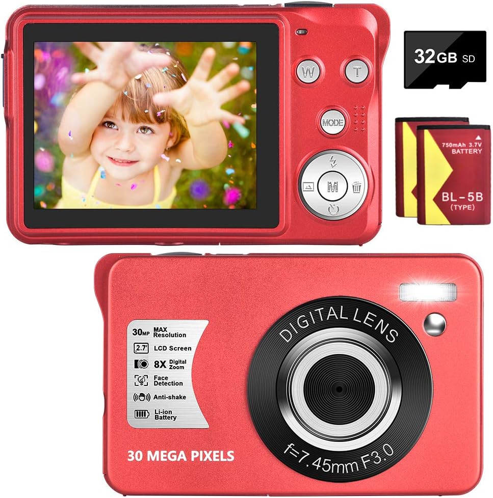 30 MP Digital Camera with 8X Digital Zoom Compact Camera with 32GB SD Card and 2 Batteries J7561